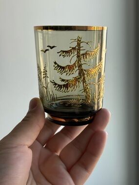 Set of 4 Smokey Libbey Glass Co 22K Gold Embossed Foliage Tree Bird MCM Cup Mugs